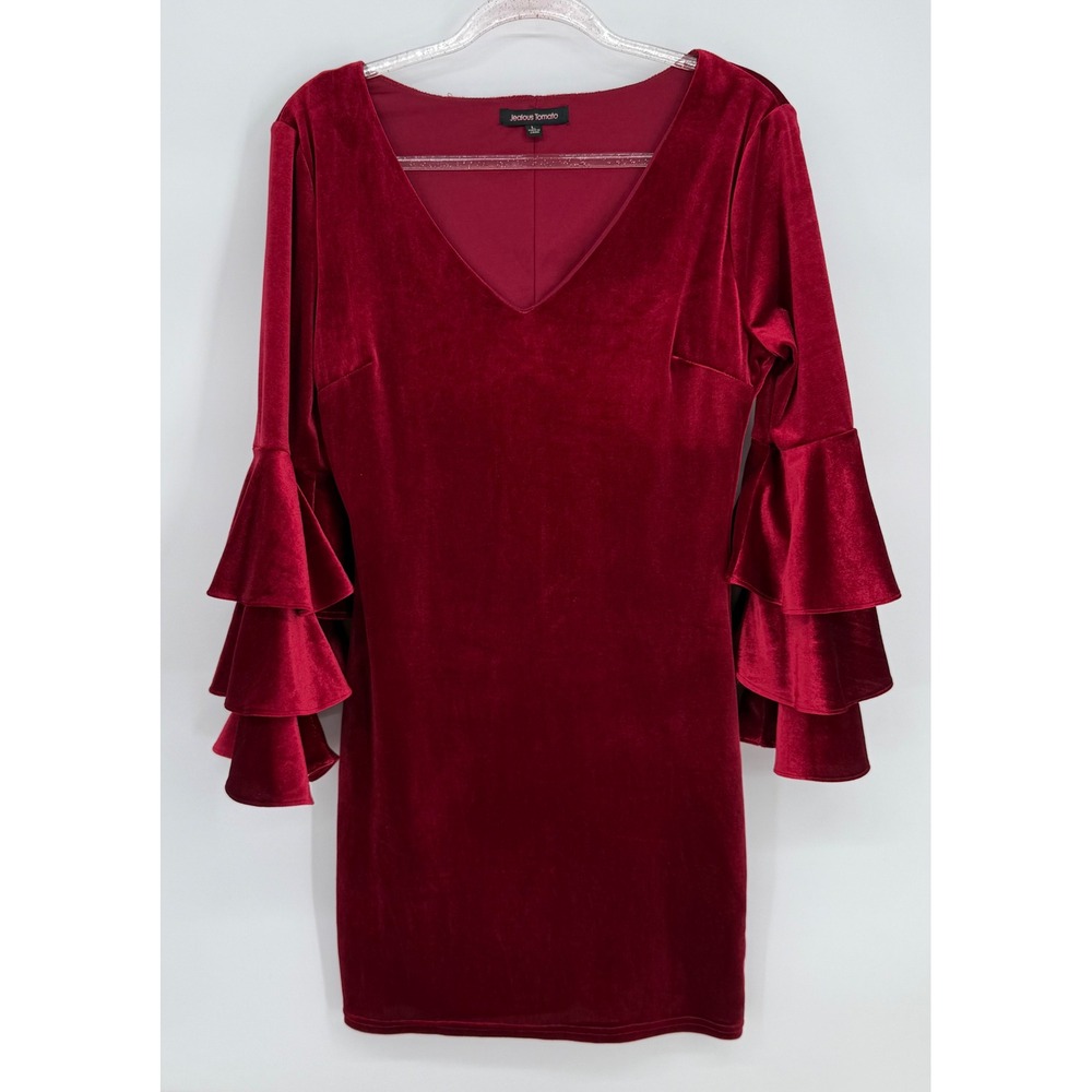 Jealous Tomato Womens Red Velvet V-Neck Ruffle Bell Sleeve Mini Dress Sz L